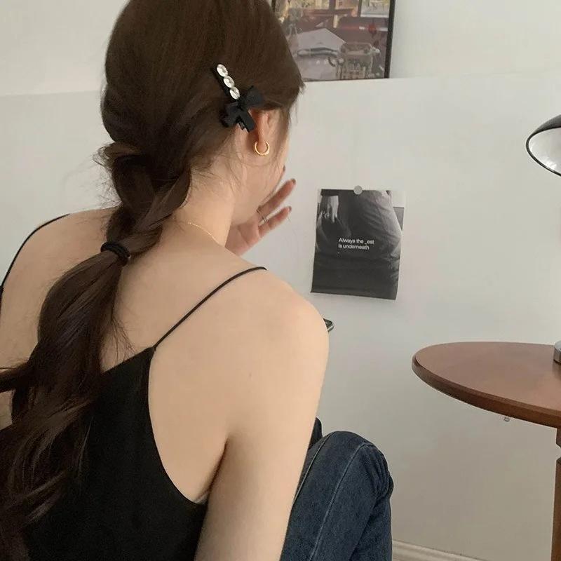 2pcs/set Retro Black Velvet Rhinestone Bow Duckbill Hair Clip Elegant Side Bangs Clip for Women Crystal Front Hair Accessories