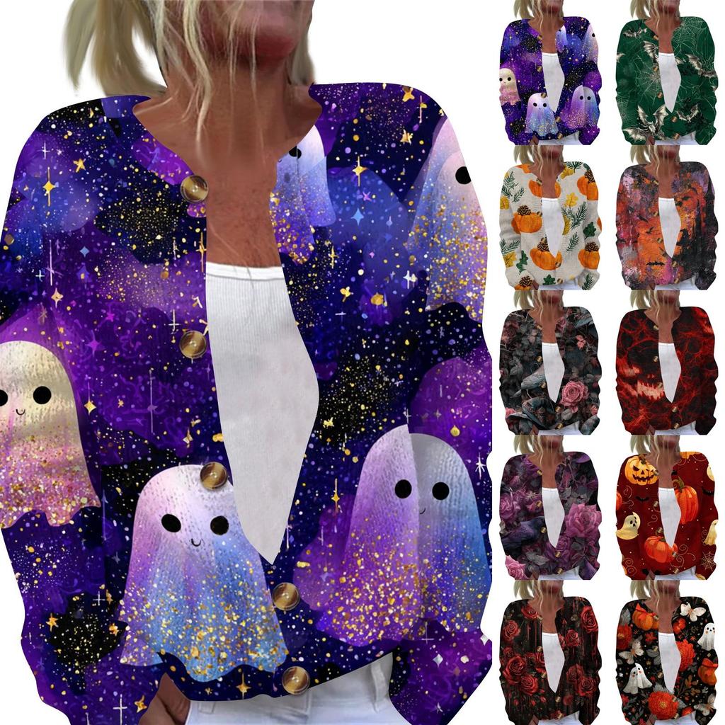 Cardigan da Donna con Stampa di Halloween - Cappotto in Maglia a Manica Lunga con Bottoni Frontali, Maglieria Leggera per Feste in Costume, Uso Quotidiano