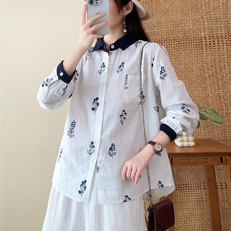Dubbellaagse katoenen garen pure katoen revershemd, nieuwe Japanse casual stijl los en eenvoudig bloemenprint lange mouwen top voor dames
