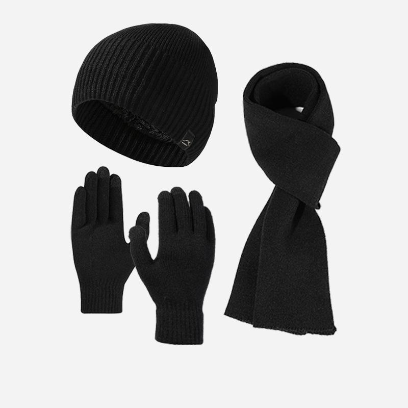 Thick Velvet Warm Windproof Three-Piece Set Big Head Circumference Knitted Hat Long Scarf Touch Screen Gloves