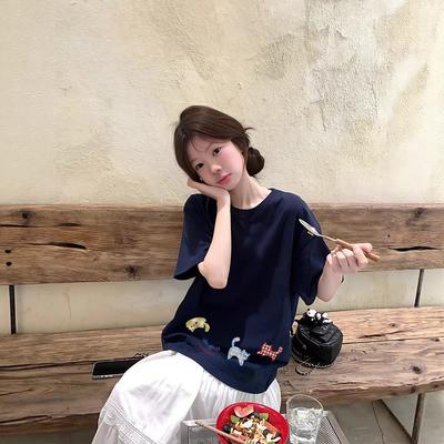 Cotton Short-sleeved T-shirt Women's Loose Cartoon Lazy Style Niche Design Sense Versatile Half-sleeved Trendy T-shirt Top Summer