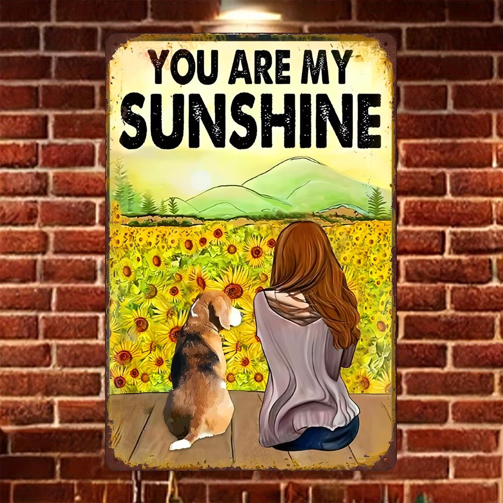 Hisun Tin Sign HD Metal Tin Sign You Are My Sunshine Girl with Beagle Dog Sunflower Field Retro Wall Decor for Home Dog Lover Gift