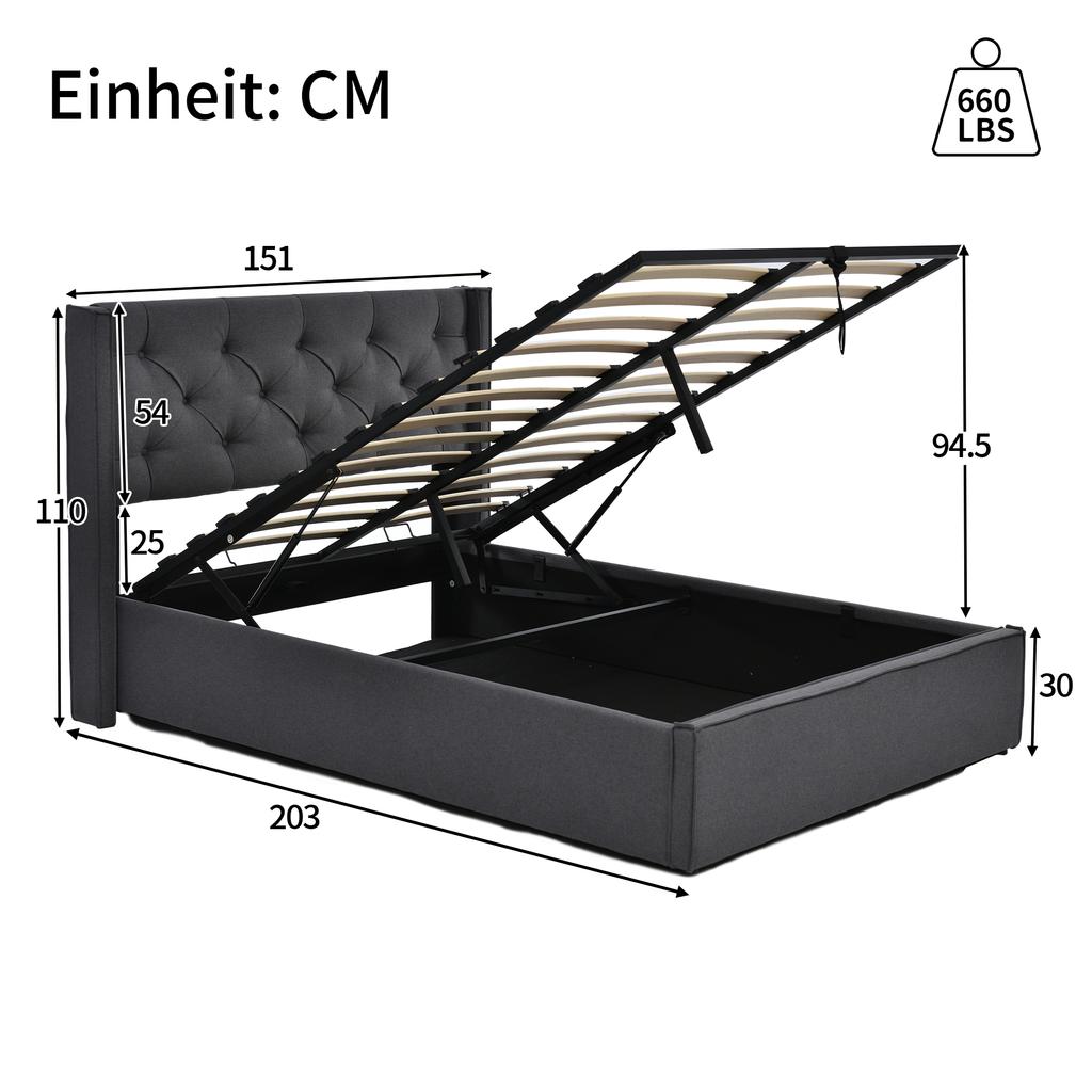 Hydraulic Double Bed, Upholstered, 140x200cm, Metal Slatted Frame, Modern, Storage Space, Cotton, Grey (With Mattress)