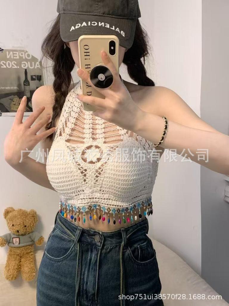 Summer new careful machine sexy backless seaside vacation neck knitted short outerwear top sling vest