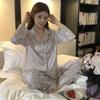 2025 Women's Light Luxury Leopard Print Ice Silk Pajamas Set - Lapel, Long Sleeve, Long Pants, Wear Indoors or Outdoors.