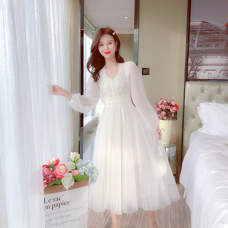 Elegant Autumn Fairy Mesh Lace Dress - Gentle Forest Style Temperament
