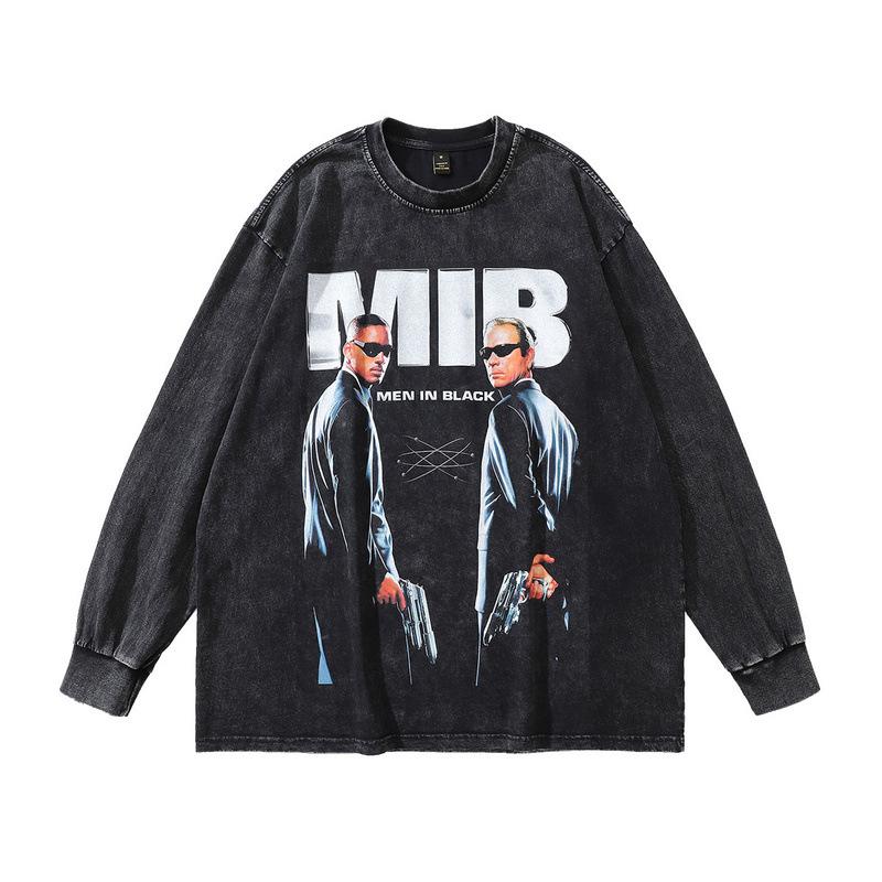 American High Street Retro Long-Sleeved T-Shirt White Ink Direct Spray Print Heavy Cotton Washed Crew Neck Sweatshirt Men'S Ins