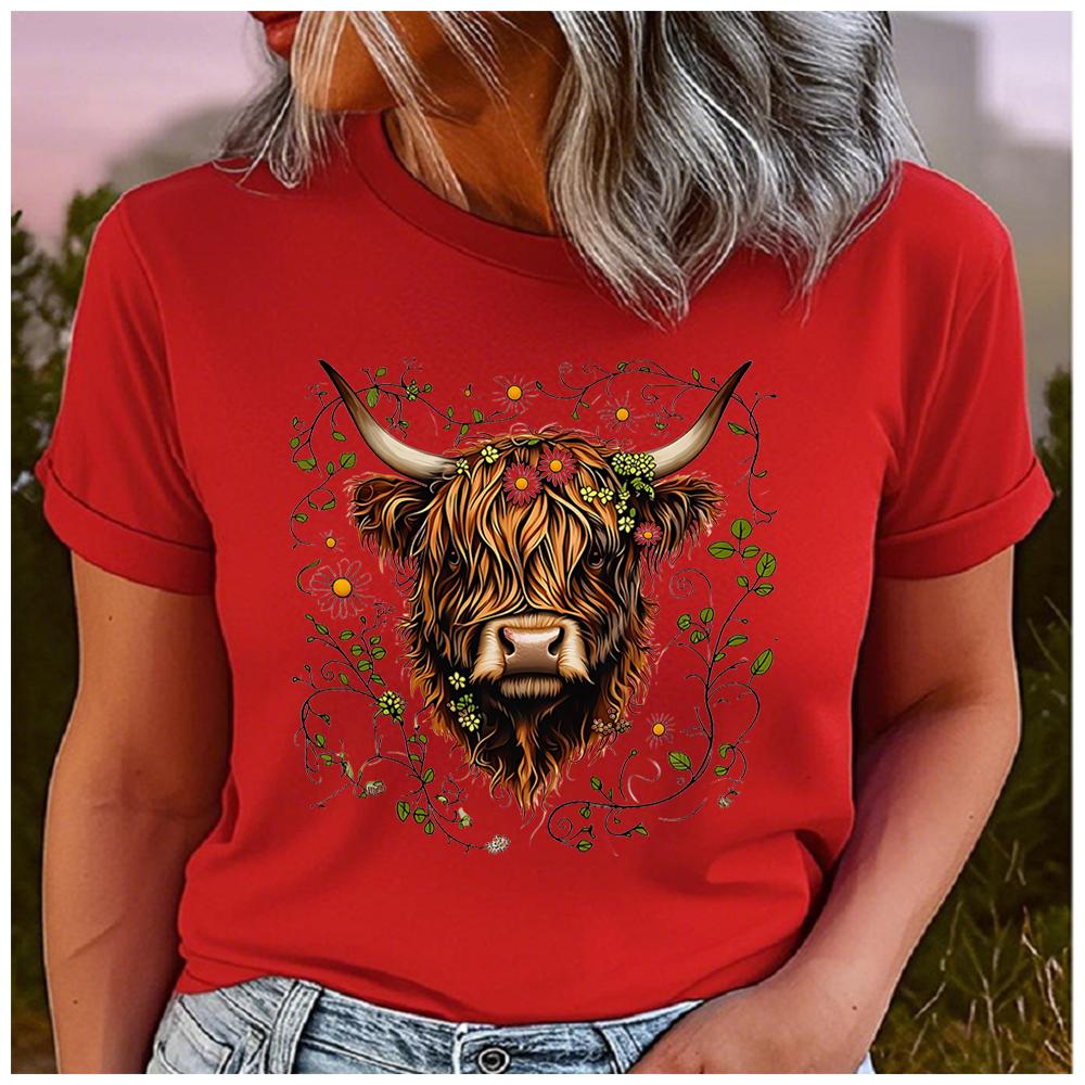 Womens Cotton Cute Yak Print Tshirt Loose round Neck Casual Short Sleeve Fashion Top Wholesale Clothing Summer