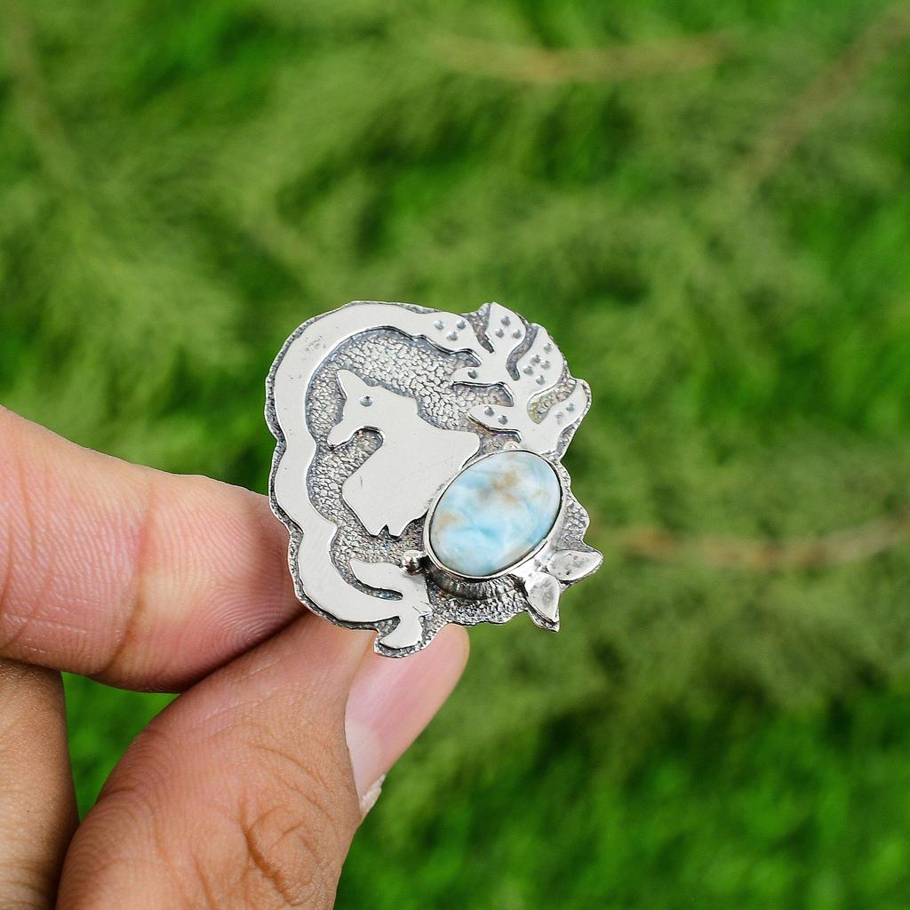 Mothers Day Sale Oval Larimar Stone Sterling Silver Statement Bezel Elegant Ring