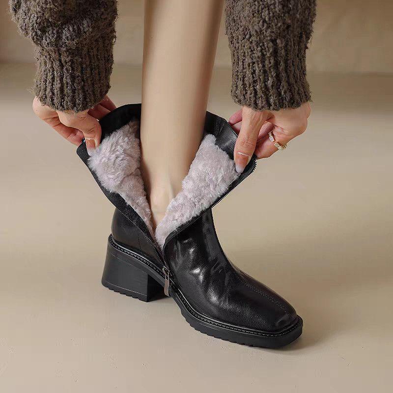 Fashion News Warm Wool Women Ankle Boots Round Toe  Leather Short Snow Boots Winter High Heel Shoes