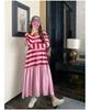 Pink Striped Patchwork Maternity Sweatshirt Dress – Mid-Length 2024 Autumn Retro Loose College Style