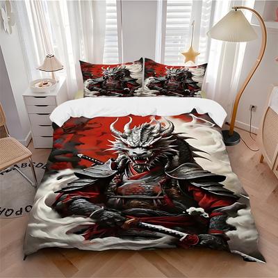 3pcs Dragon Samurai Warrior Comforter Set with One Quilt Cover and Two Pillowcases (No Core) - Anime Cartoon Design, Polyester Fabric, Festive Gift Fo
