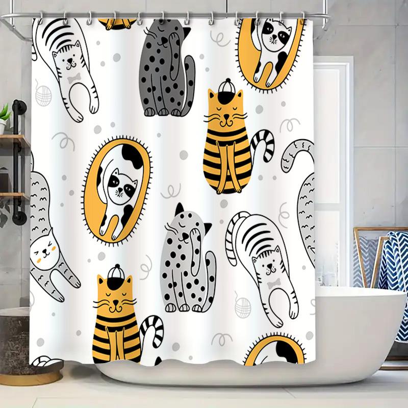 Modern Cartoon Print Shower Curtain Cute Cats Dogs Bath Decoration Set for Home Bathroom Decor in White Gray Yellow Black Stripe