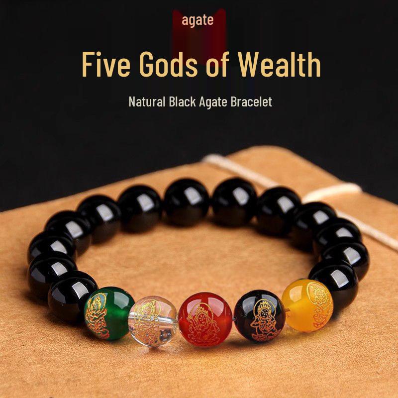 

Обсидиановый браслет с агатом Пять богов богатства : Мужчинам и женщинам подарок на удачу и богатство