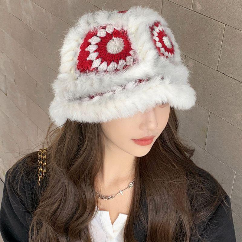Rabbit Hat Women's Autumn and Winter New Tiger Head Lion Hat Fashion Warm Bucket Hat Fluff Woven Fur Hat