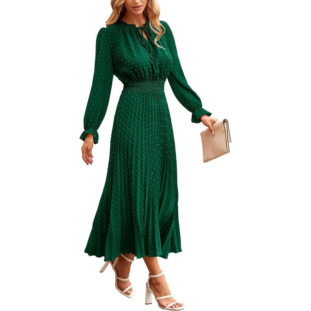 Women's Summer Fashion Loose V-Neck Long Sleeve Tie Solid Color Dresses