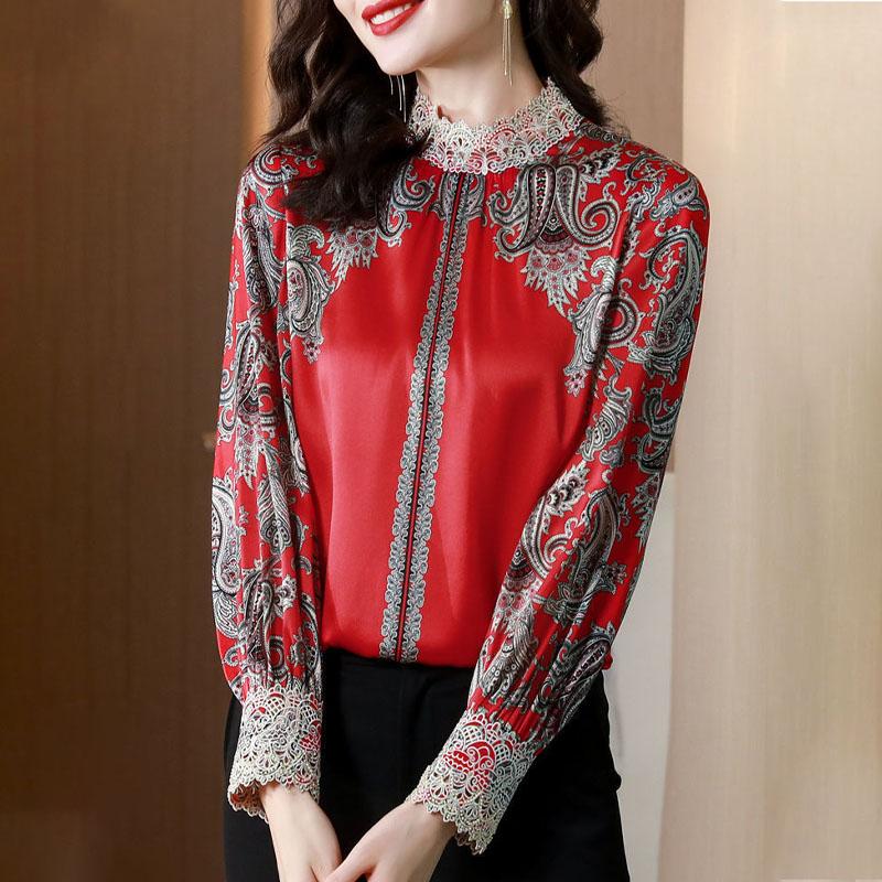 

Lace Spliced Stand Collar Vintage Shirt for Female Printing Fashion Long Sleeve Blouses 2023 New Spring Autumn Women s Clothing L червоний