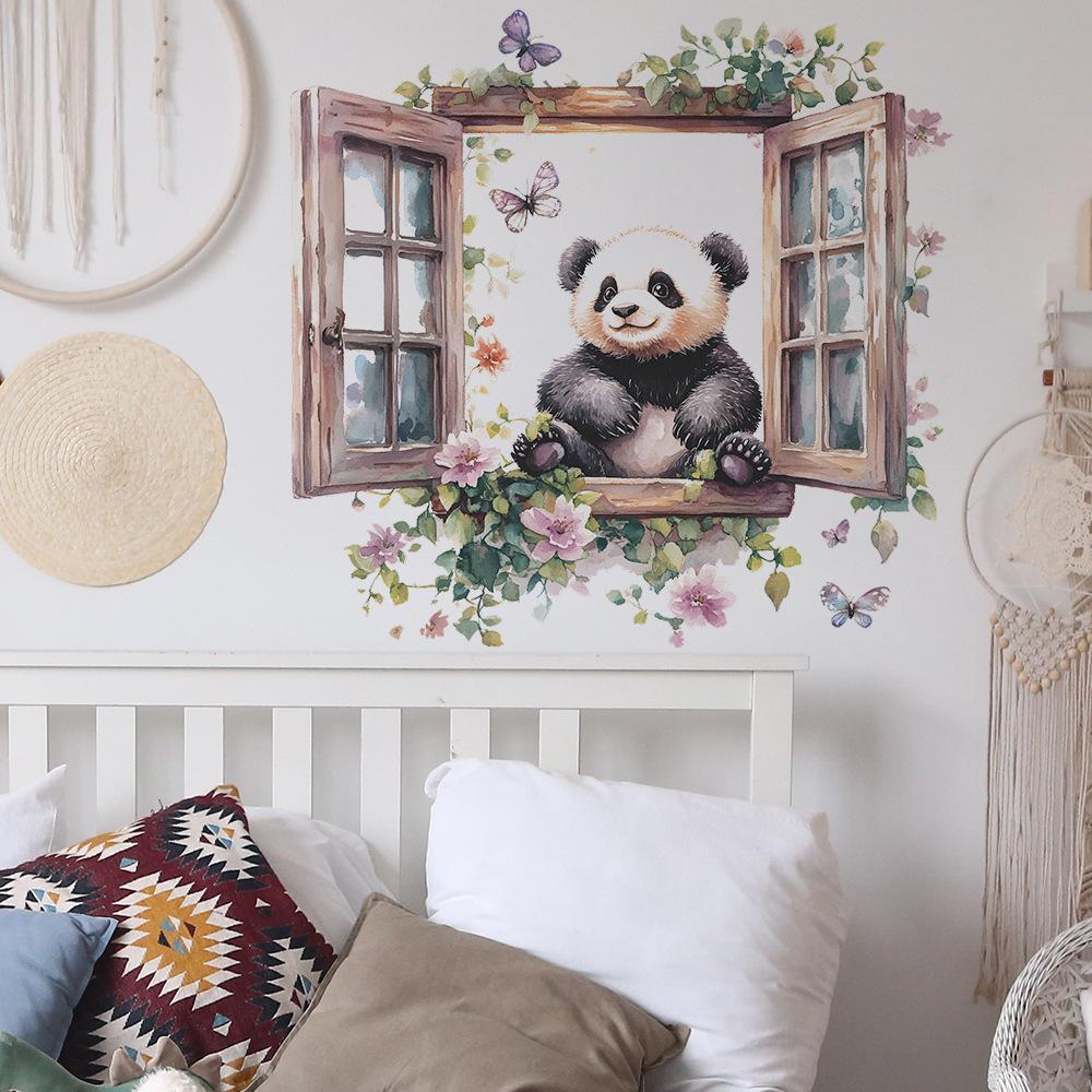 Kreatives falsches Fenster Panda Schmetterling Schlafzimmer Wohnzimmer Zuhause Hintergrund Verschönerung und Dekoration Wandaufkleber