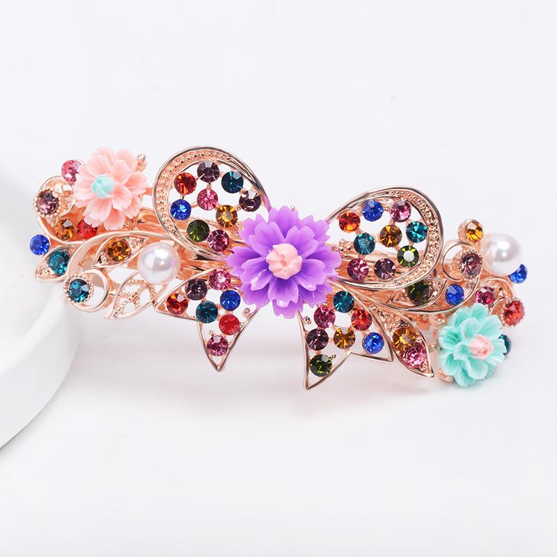 Clip de Primavera de Circonita Blanca Flor de Pedrería Brillante Clip Superior Clip Horizontal Elegante Adorno para el Cabello de Moda para Madres
