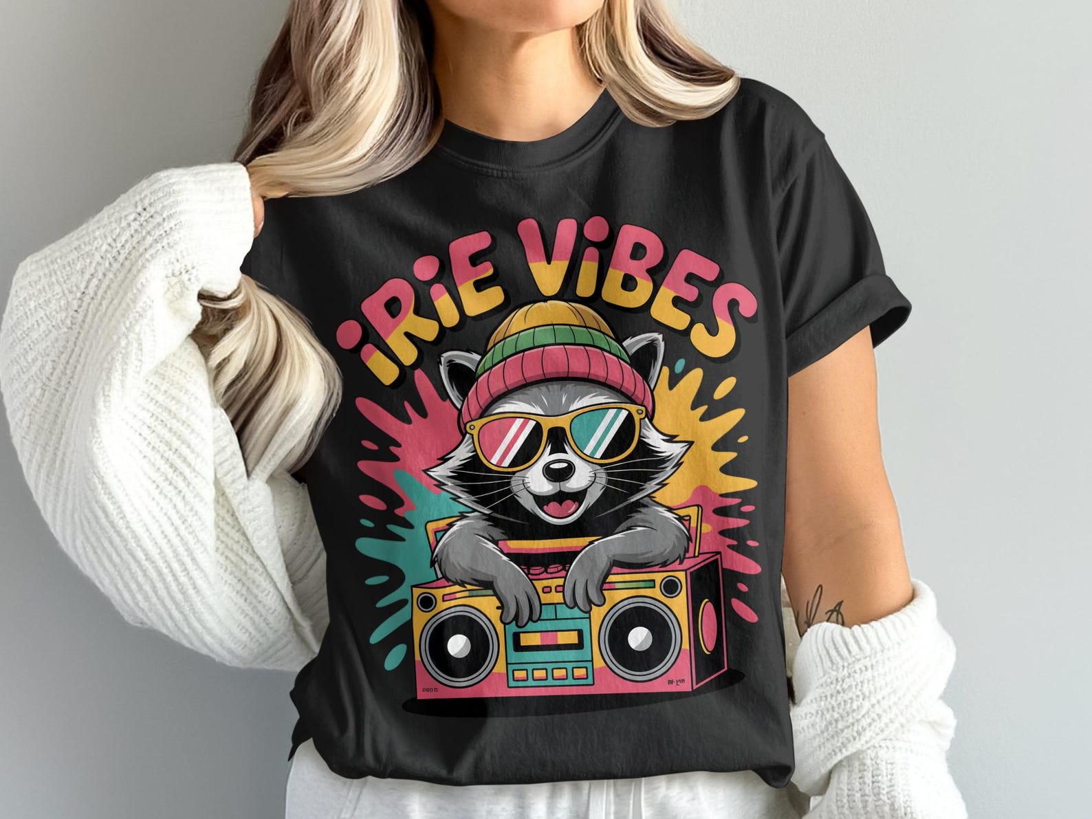 Irie Vibes T-Shirt, Cool Raccoon Tee, Boombox Graphic Shirt, Retro Music Lover Gift, Trendy Animal Design, Summer Vibes Apparel S
