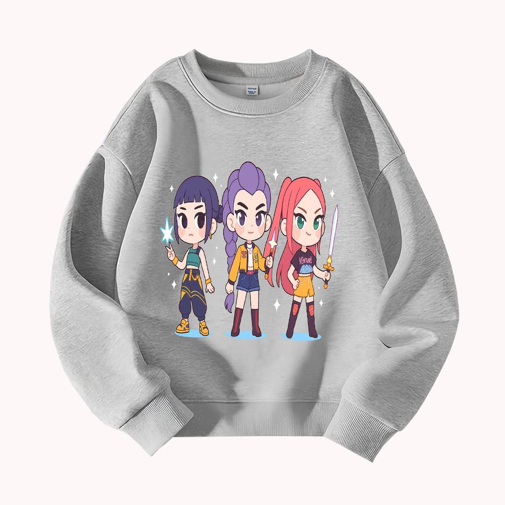 Demon Hunter Cute Anime Girl Trio Print Round Neck Sweatshirt Casual Loose Pullover for Women Teenagers