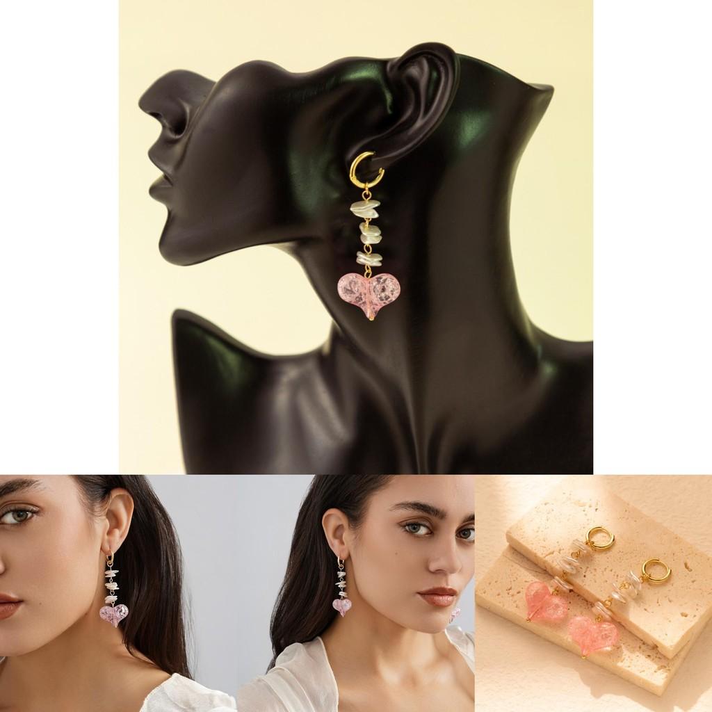 Elegant Pink Heart Shaped Earrings With Imitation Pearls Long Dangle Earrings For Women