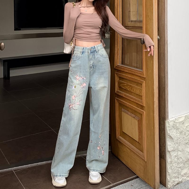2024 European Style Floral Embroidered High Waist Wide Leg Jeans