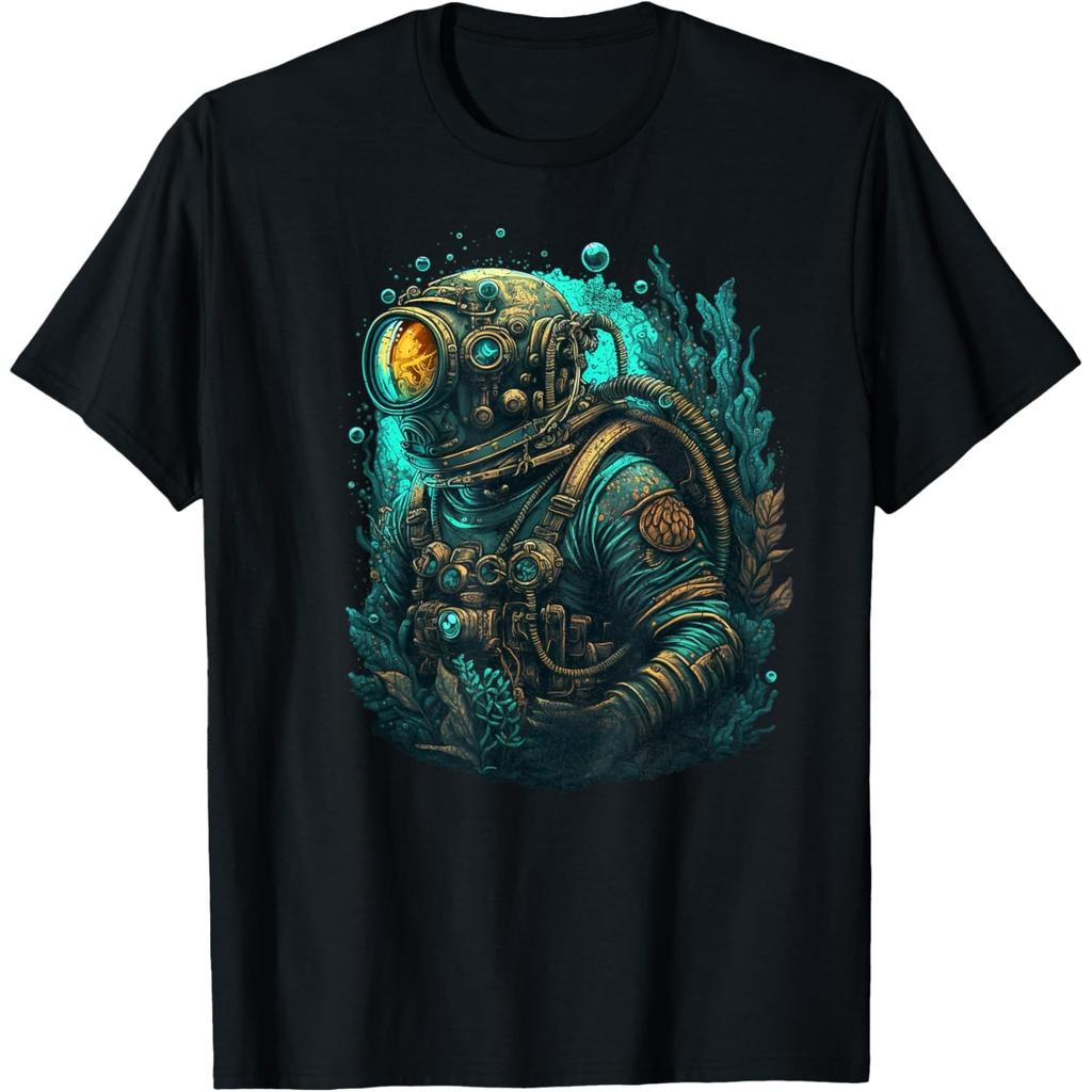 Steampunk Deep Sea Diver Graphic Tee Retro Scuba Suit Print Mens Casual Tshirt