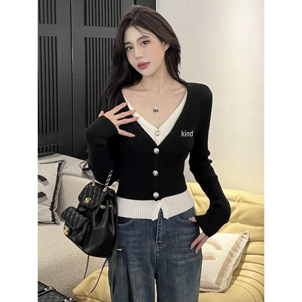 Women's Slim-Fit V-Neck Knitted Cardigan Sweater - Fake Two-Piece, Autumn/Winter 2025