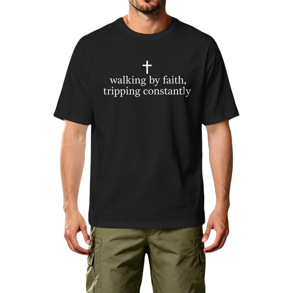 Men Crew Neck Short Sleeve Cotton Casual T Shirt with Walking by Tripping Constantly Printed Graphic for Everyday Wear