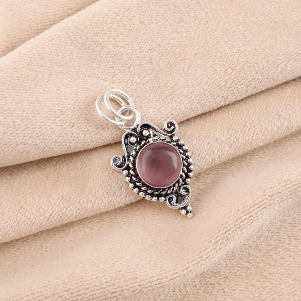 Natural Purple Cat's Eye Gemstone 925 Stamped Silver Jewelry Handcrafted Pendant PP-39-50