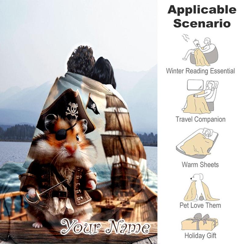 1PC Custom Name Pirate Hamster Adventure flannel blanket versatile, all-season throw suitable for the living room, bedroom, camping, travel, and gift
