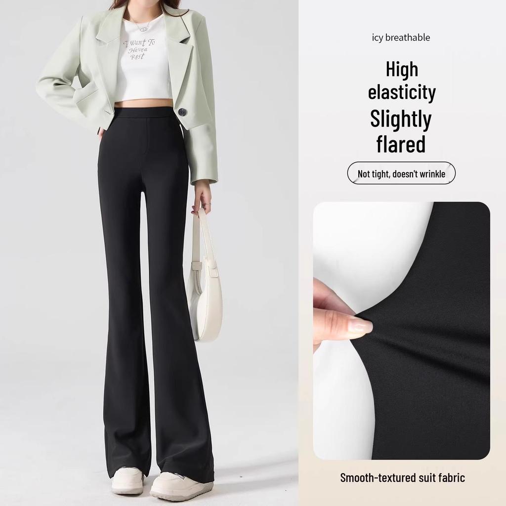 2025 Women's Black High-Waist Micro Flare Pants with Velvet, Slimming Drape, for Spring & Autumn