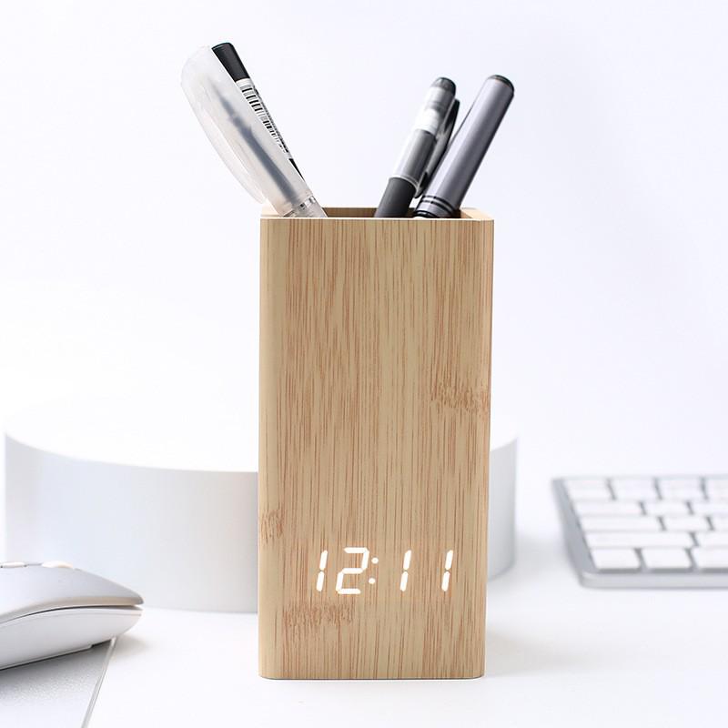 Wooden Alarm Clock Pen Holder: Time, Temperature & Date Display for Students