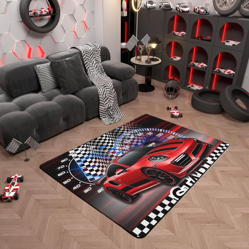 Racing Sports Car Rug, Checkered Flag Yellow Splash Print, Non-Slip Washable Soft Mat for Living Room Sofa Dining Room Indoor