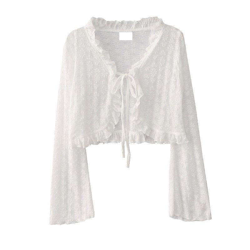 Women's Summer Chiffon Cardigan with Ruffle Lace-up and Bell Sleeves