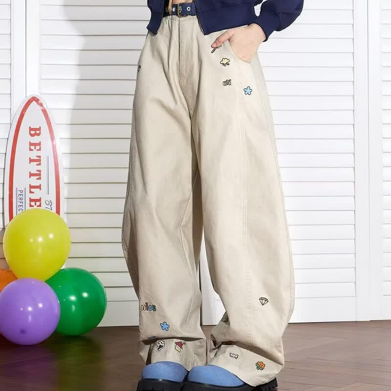 ICH MODE Women s Cartoon Embroidered Straight Loose Wide-Leg Pants L