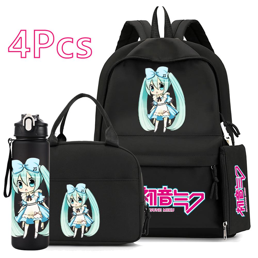 

4 шт./набір Аніме Хацуне Міку з принтом 750 мл Пляшка для води Рюкзак Сумка-портфель для підлітка Хлопчика Дівчинки Велика місткість Водонепроникний Шкільний рюкзак Подарунок