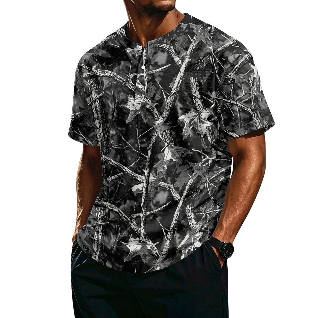 Herren Casual Hemd mit Knöpfen Kurzarm Leicht Atmungsaktiv Camouflage-Print