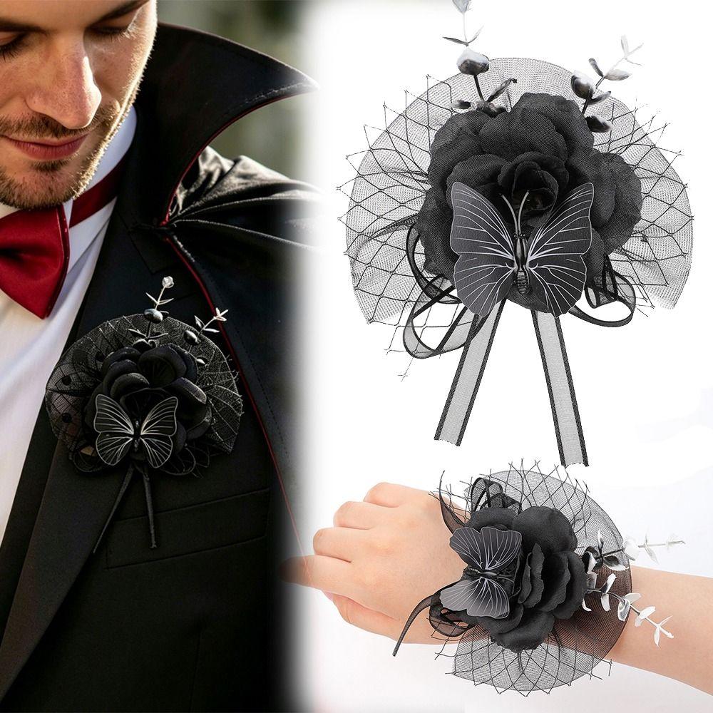 Black Color Wrist Corsage Fabric Flower Flower Brooch New Floral Boutonniere Wedding Party