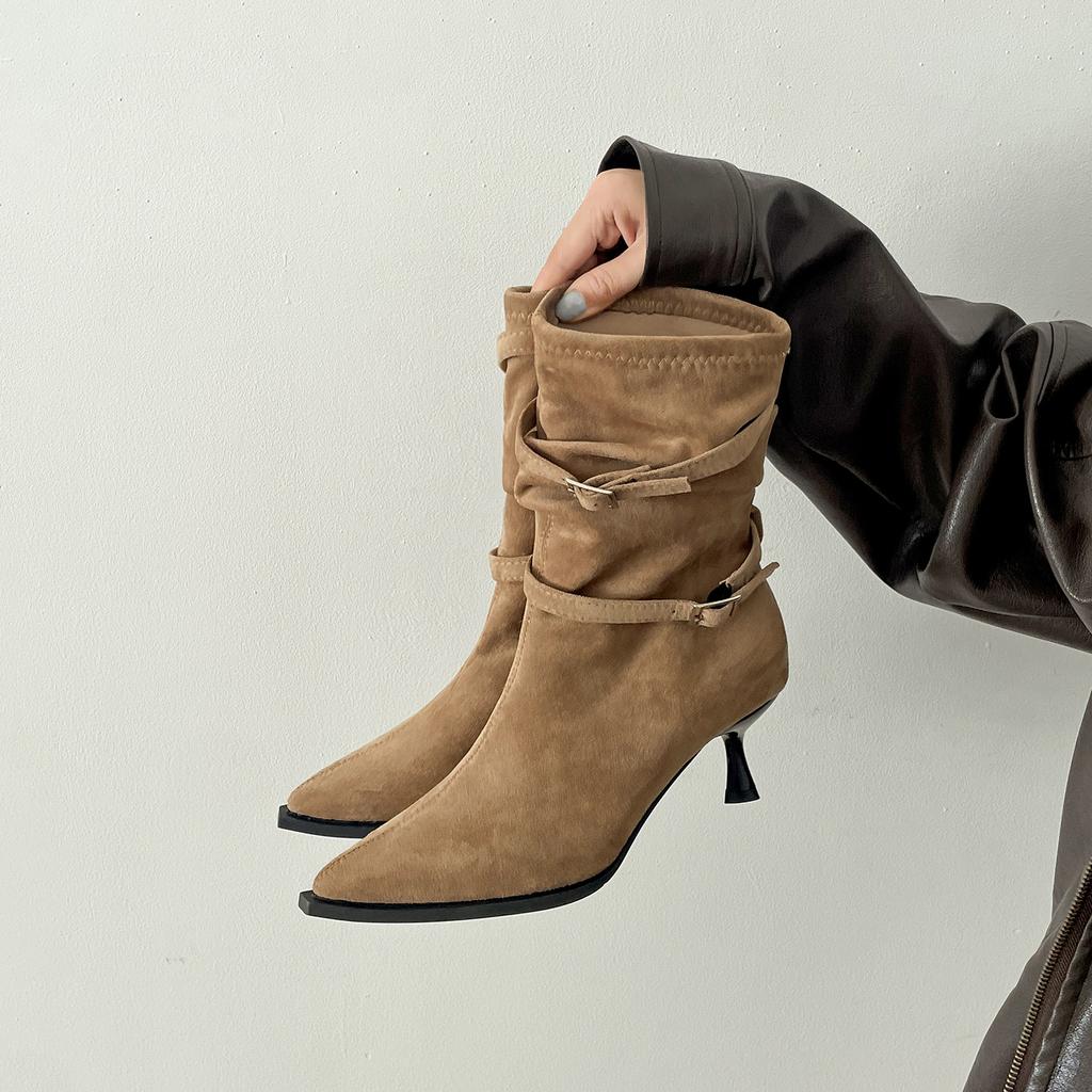 Queen Fan Khaki retro pointed stiletto boots women's 2025 new autumn with skirt heightening short boots