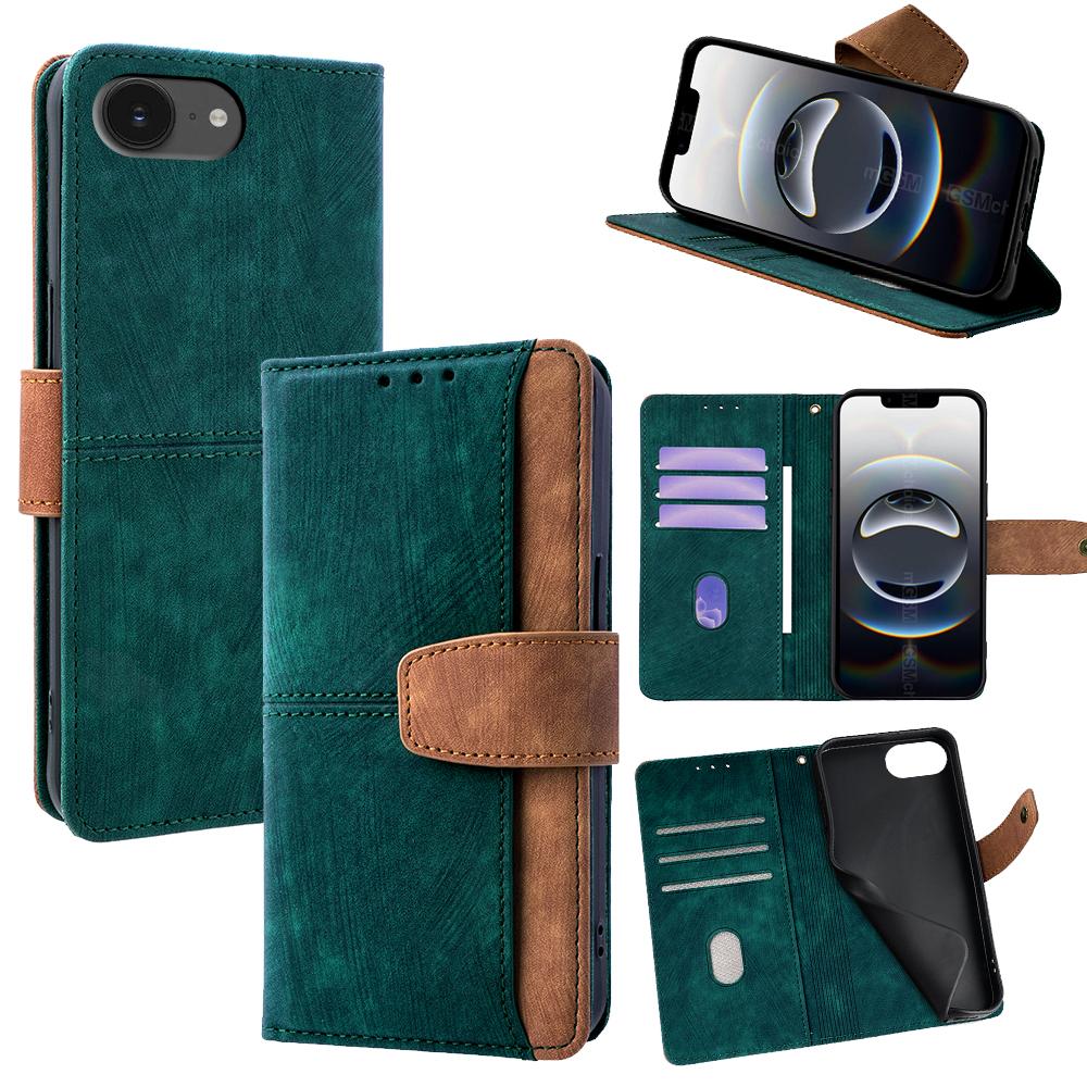 

For iPhone 16e Case RFID Blocking Color Splicing PU Leather Wallet Phone Cover Green