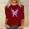 Women's Breast Casual Top with 3/4 Sleeves Round Neck Loose Fit Printed Ribbon Heart Butterfly Pattern for Daily Wear