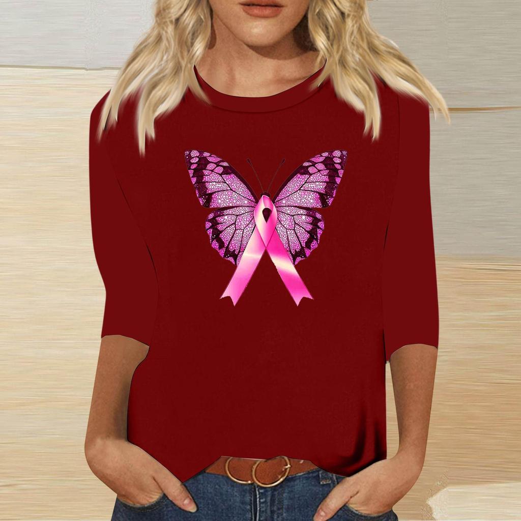 Women's Breast Casual Top with 3/4 Sleeves Round Neck Loose Fit Printed Ribbon Heart Butterfly Pattern for Daily Wear