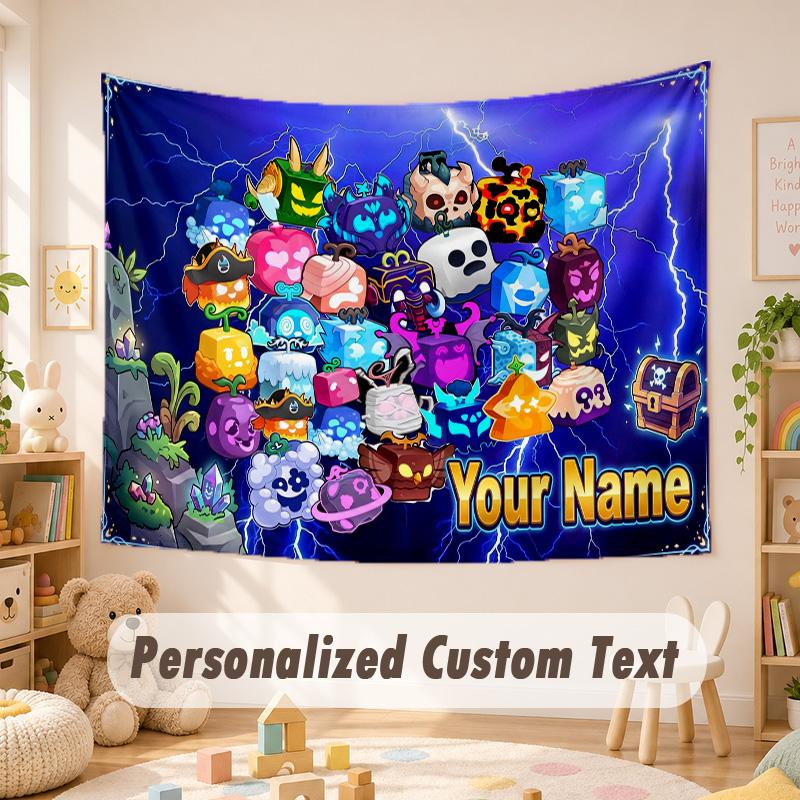Arazzo Personalizzato con Nome e Testo, Appeso da Parete Boho Blox Fruits, Arazzo Decorativo per Sfondo Stanza