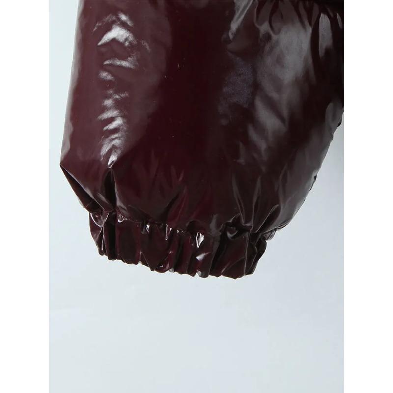 Moda Outono Inverno Superfície Brilhante Jaqueta Feminina Gola Alta Manga Longa Zíper Parka com Capuz Casacos Casuais Femininos Y2k