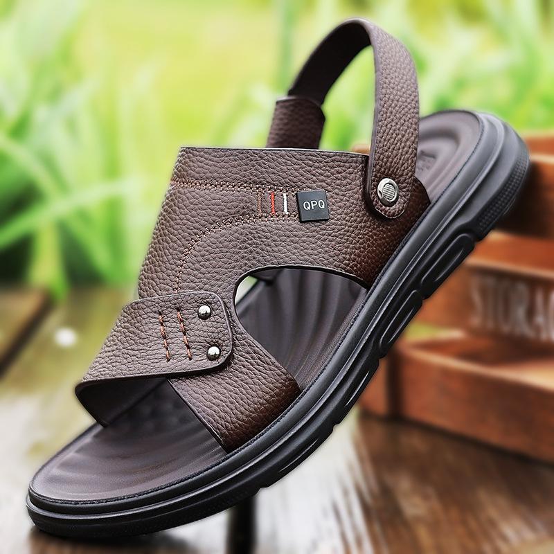 

Sandals men s 2025 new summer first-layer cowhide driving sandals wear dual-purpose beach shoes tide 2025 38 коричневый