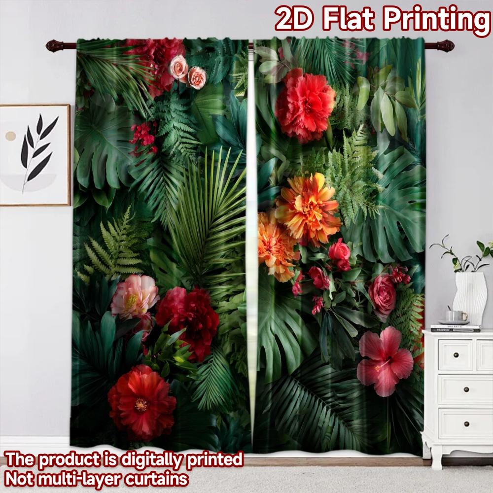 2D Flat Printing 2pcs Curtain Drapes Tropical Jungle Leaves Digital Printed Polyester Drapes Festive Holiday Perfect for Indoor