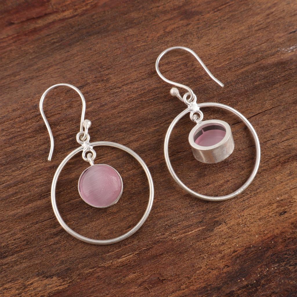 Pierre gemme œil de chat rose Bijoux en argent sterling 925 Boucles d'oreilles artisanales 1,60" EE-5-48