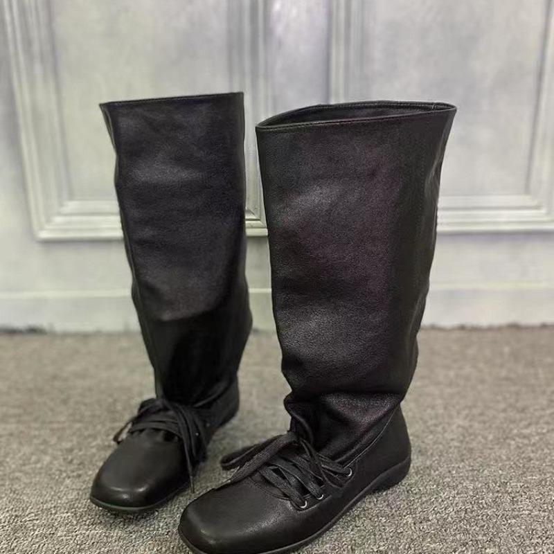 Vintage Lace-Up Trouser Boots Block Heel Platform Thigh Boots Women's Knee-Free Pointed Toe Tall Knight Boots